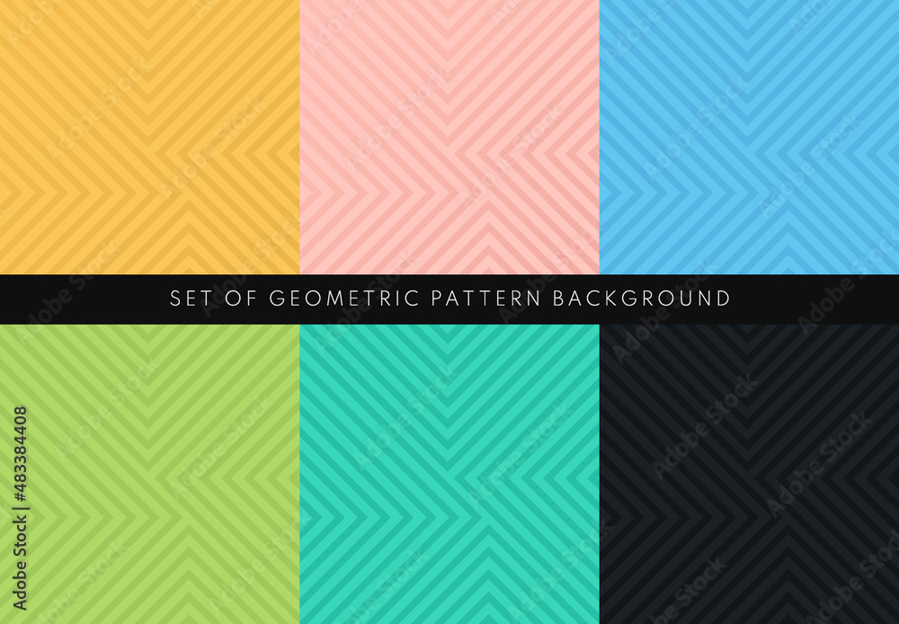 Set of geometric pattern on yellow, pink, blue, green and black background. Collection of trendy color abstract triangle lines texture. Simple flat banner template design. Vector illustration