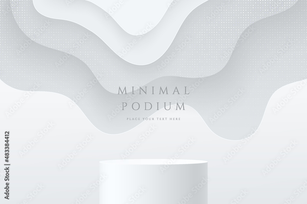 Abstract 3D room with realistic white cylinder stand or podium and white layers wavy shape background. Minimal scene for product display presentation. Vector geometric platform design. Stage showcase. - obrazy, fototapety, plakaty 
