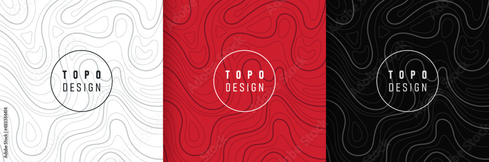 Set of white, red and black wavy lines abstract design. Topography concept. Collection wavy pattern background with copy space. Design for cover template, poster, banner, print ad. Vector illustration