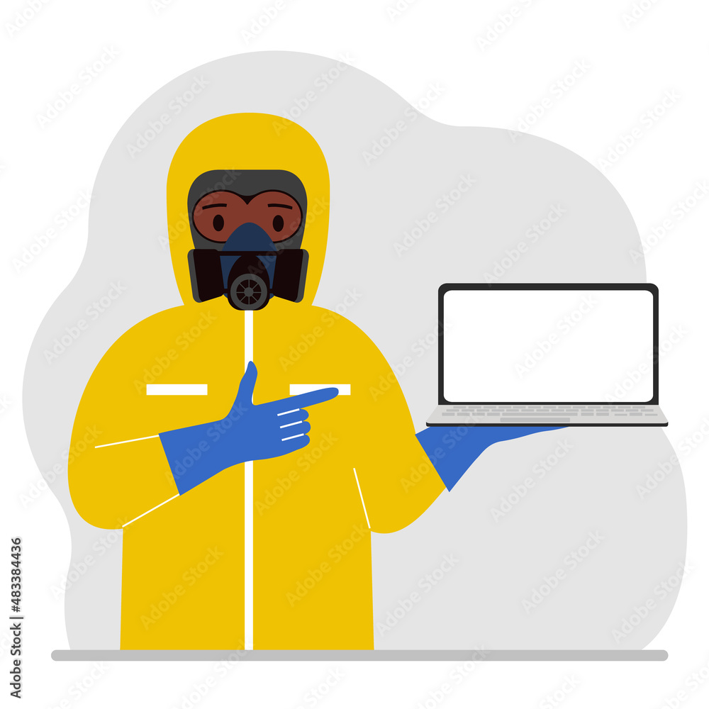 A man in a yellow radiation protective suit and a helmet with a respirator, chemical or biological safety uniform. Holds a laptop. Vector A man in a yellow radiation protective suit and a helmet with a respirator, chemical or biological safety uniform. Holds a laptop. Vector