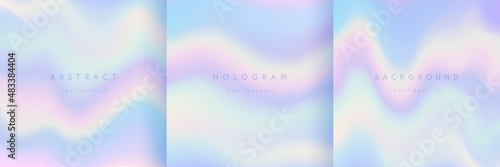 Set of abstract blurred gradient wavy pattern in holographic color style. Modern pastel color hologram background collection design. Design for cover template, poster, banner, print ad. Vector EPS10.