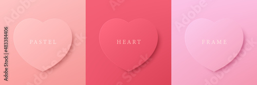 Set of pastel pink, and red 3D heart shape frame design. Elements for valentine day festival design. Collection of geometric backdrop for cosmetic product display. Top view. Vector illustration