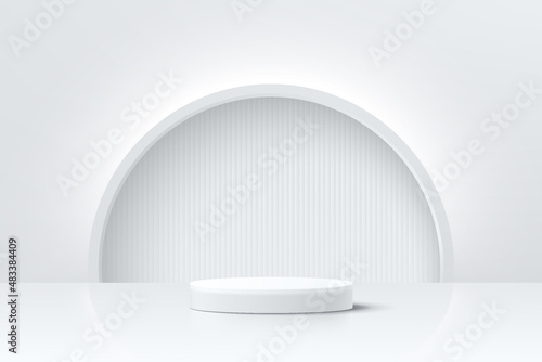 Abstract 3D room with realistic white cylinder pedestal podium and illuminate semi circle background. Minimal scene for product display presentation. Vector geometric platform design. Stage showcase.