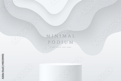 Abstract 3D room with realistic white cylinder stand or podium and white layers wavy shape background. Minimal scene for product display presentation. Vector geometric platform design. Stage showcase.