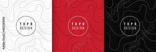 Set of white, red and black wavy lines abstract design. Topography concept. Collection wavy pattern background with copy space. Design for cover template, poster, banner, print ad. Vector illustration