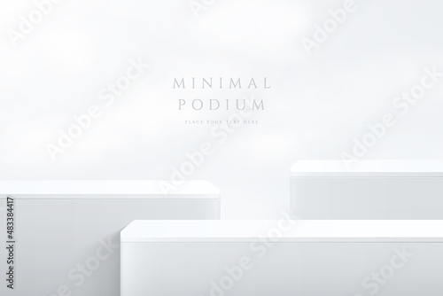 Abstract white 3D room with realistic white cube shape stand or podium set. Minimal wall scene for product display presentation. Vector geometric platform design. Stage for showcase. Simple and clean.