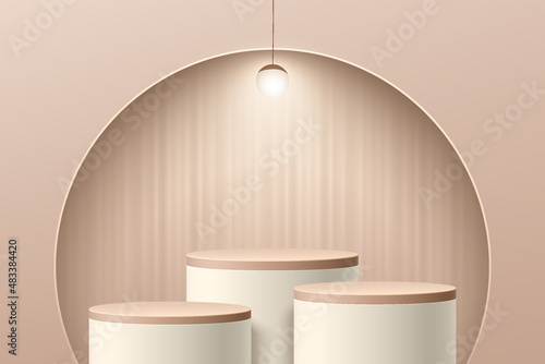 Abstract beige 3D room with cylinder pedestal or stand podium set in semi circle window on the wall. Minimal scene for cosmetic product display presentation. Vector geometric rendering platform design