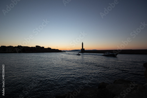 A night photo of the lighthouse in Chania city crete