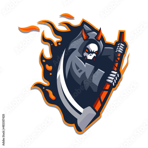 Grim reaper carries a sickle mascot logo design vector with modern illustration concept style for sport, esport, team, gaming, etc