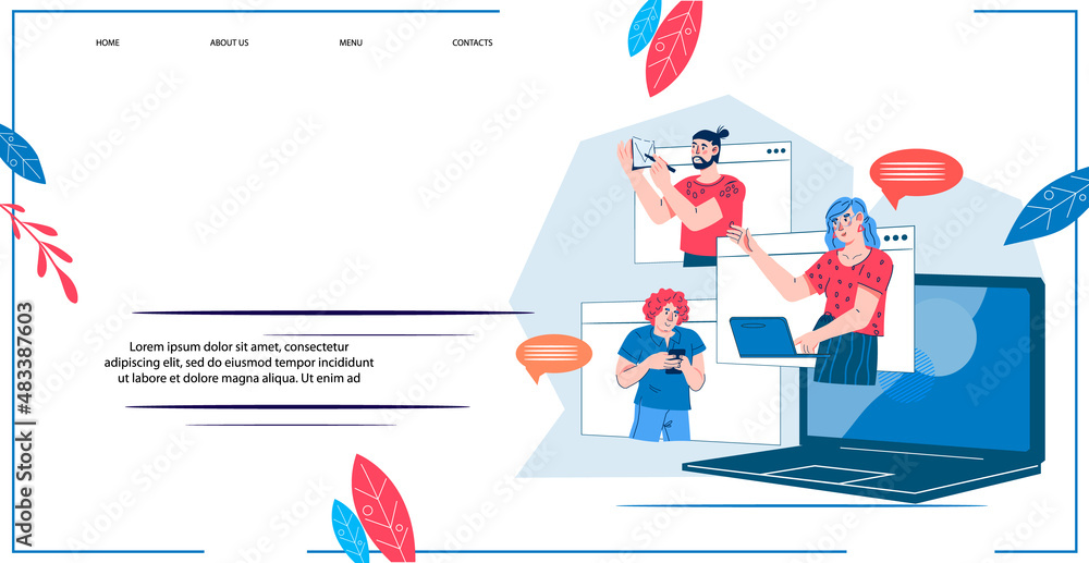 Video conference or virtual meeting landing website page template. Business people on computer screen taking with colleagues during online meeting. Web banner layout, flat vector illustration. Video conference or virtual meeting landing website page template. Business people on computer screen taking with colleagues during online meeting. Web banner layout, flat vector illustration.