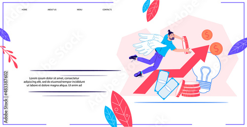 Business startup investments and support concept for website page, angel investor metaphor. Financial crowdfunding of entrepreneurship, flat cartoon vector illustration.