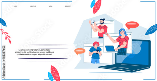 Video conference or virtual meeting landing website page template. Business people on computer screen taking with colleagues during online meeting. Web banner layout, flat vector illustration. © Anastasia