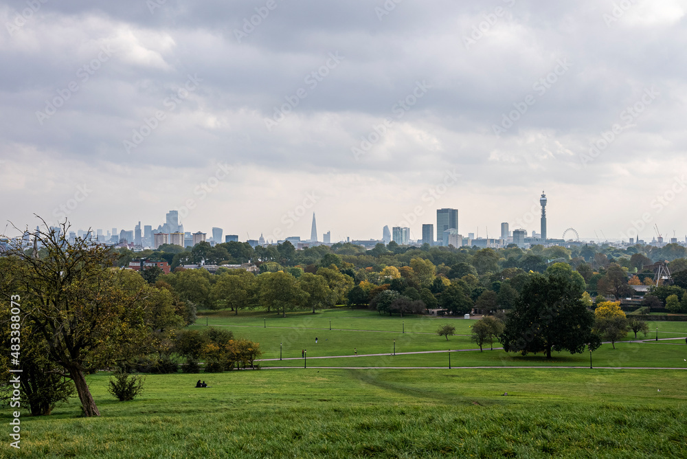 Beautiful green meadow in park with modern city skyline against cloudy sky, London skyline seen from primrose hill