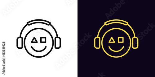 Outline gamer icon, with editable stroke. Emoticon gamer sign with headphones, esports geek logo