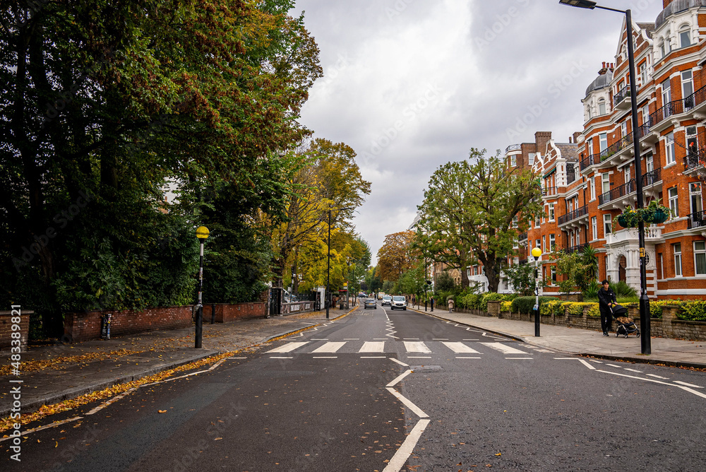 London, UK. July 20, 2021. The famous scenery of zebra crossing at Abbey Road featured on the cover of the Beatles album - obrazy, fototapety, plakaty 