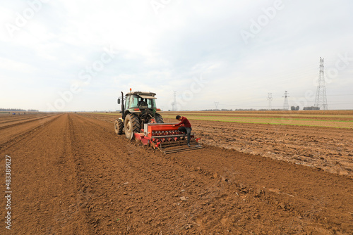 farmers sow winter wheat in fields  North China