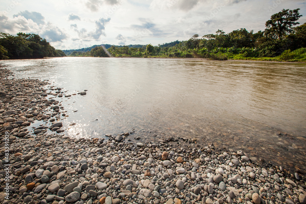 Landscape on the river bank and blue sky. Choco, Colombia.