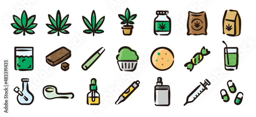 Cannabis product icon set for graphic (Hand-drawn line, colored version)