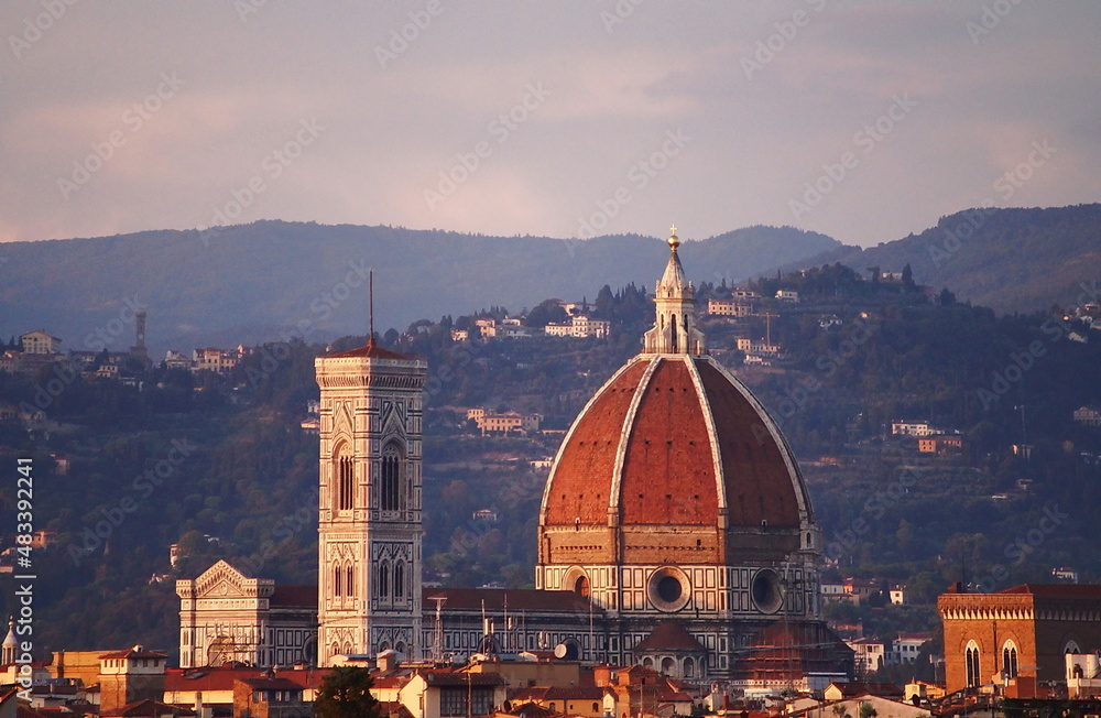 Aerial view of the Cathedral of Florence at sunset, Italy