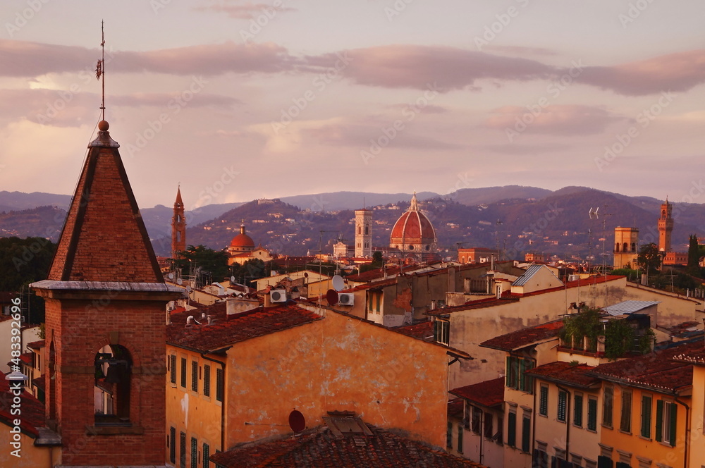 View of Florence from the medieval walls at sunset, Italy