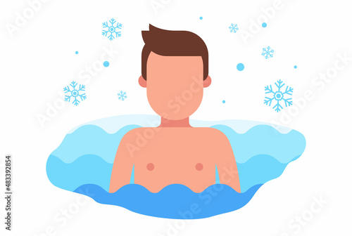 a man swims in the winter on the river. hardening a person with cold water. flat vector illustration.
