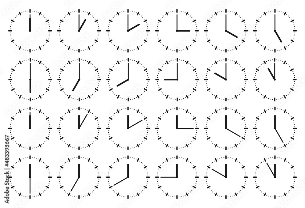 Clock icon set with different positions of hour and minute hands. Clock