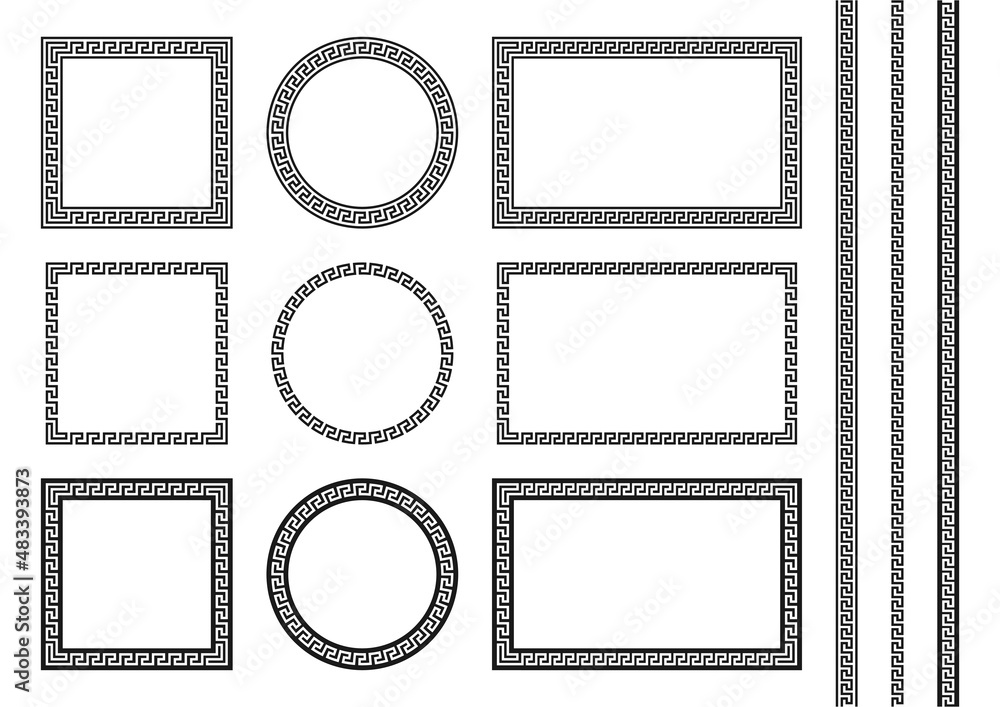 Meander frames, elements and pattern set. Meander borders in different geometric shapes with seamless brushes and patterns. Frame design in grecian ancient style and meandros greek ornaments. Vector.