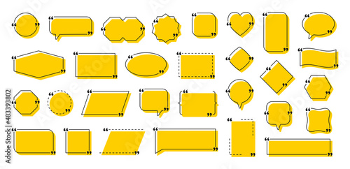 Quote box frame set. Blank quote boxes for text. Quotation bubble frame template with yellow background. Citation windows. Vector illustration.