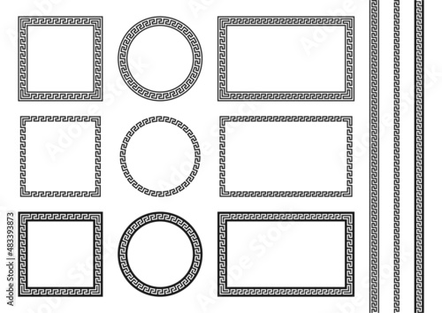 Meander frames, elements and pattern set. Meander borders in different geometric shapes with seamless brushes and patterns. Frame design in grecian ancient style and meandros greek ornaments. Vector. photo