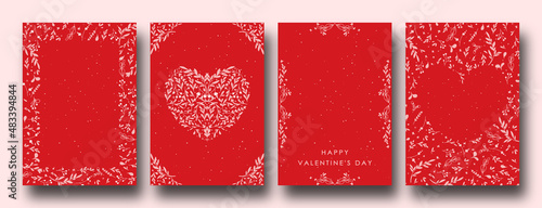 Ornate Happy Valentine's day cards with hearts and leaves, simple and minimal with a copy space. Universal modern artistic templates.