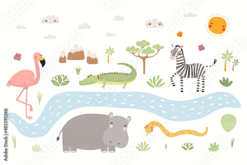 Cute tropical animals, flamingo, crocodile, zebra, hippo, snake, African landscape, isolated. Hand drawn vector illustration. Scandinavian style flat design. Concept kids fashion print, poster card