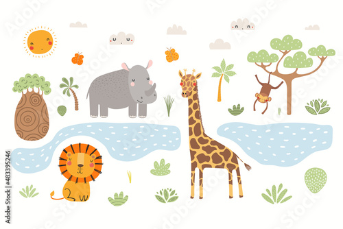 Cute tropical animals, lion, rhino, giraffe, monkey, African landscape, isolated. Hand drawn vector illustration. Scandinavian style flat design. Concept for kids fashion, textile print, poster card