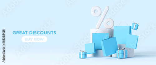 Online shopping discount banner with paper bags and gifts.. 3D Rendering