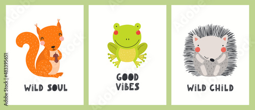 Cute funny woodland animals, squirrel, frog, hedgehog, quotes. Posters, cards...
