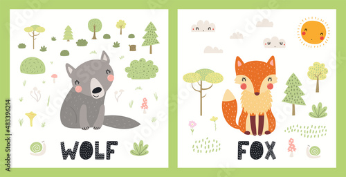 Cute funny wild animals, wolf, fox, woodland landscape. Posters, cards collection. Hand drawn wildlife vector illustration. Scandinavian style flat design. Concept for kids fashion, textile print.