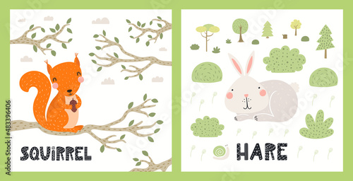 Cute funny wild animals, squirrel, hare, woodland landscape. Posters, cards collection. Hand drawn wildlife vector illustration. Scandinavian style flat design. Concept for kids fashion, textile print