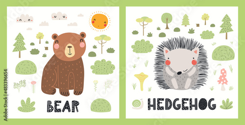 Cute funny wild animals, bear, hedgehog, woodland landscape. Posters, cards collection. Hand drawn wildlife vector illustration. Scandinavian style flat design. Concept for kids fashion, textile print