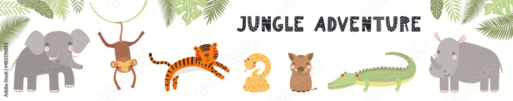 Fototapeta premium Cute funny tropical animals banner, card, quote Jungle adventure, isolated on white. Hand drawn vector illustration. Scandinavian style flat design. Concept for kids fashion, textile print, poster