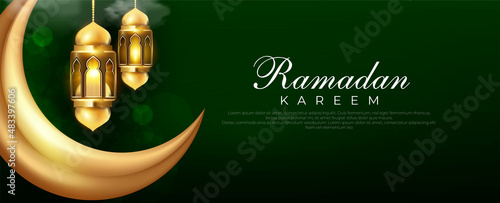 Realistic banner ramadan kareem illustration with crescent moon decoration