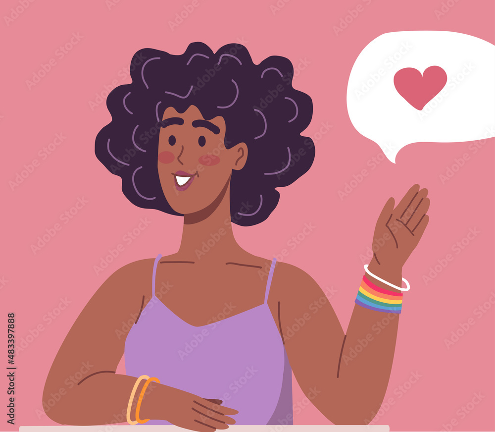 Beautiful young woman with a friendly bracelet for LGBT people sends greetings and love to all Beautiful young woman with a friendly bracelet for LGBT people sends greetings and love to all
