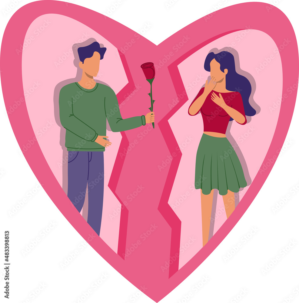 Valentines day greeting card with young couple and broken heart Valentines day greeting card with young couple and broken heart
