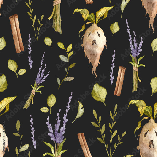 Square seamless pattern with various watercolor magical plants on dark background. Screaming mandrake, green leaves, lavender bundle and cinnamon stick