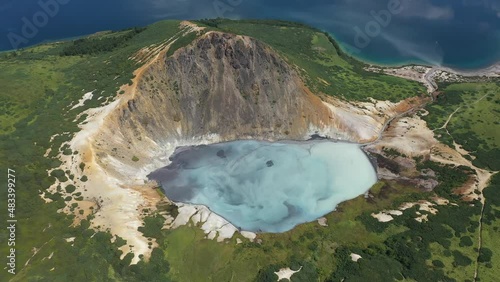 Flying Over Caldera of the Golovnin Volcano on Kunashir Island. Russia.
