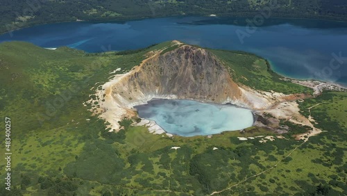 Aerial View of Golovnin Volcano on Kunashir Island. Russia.