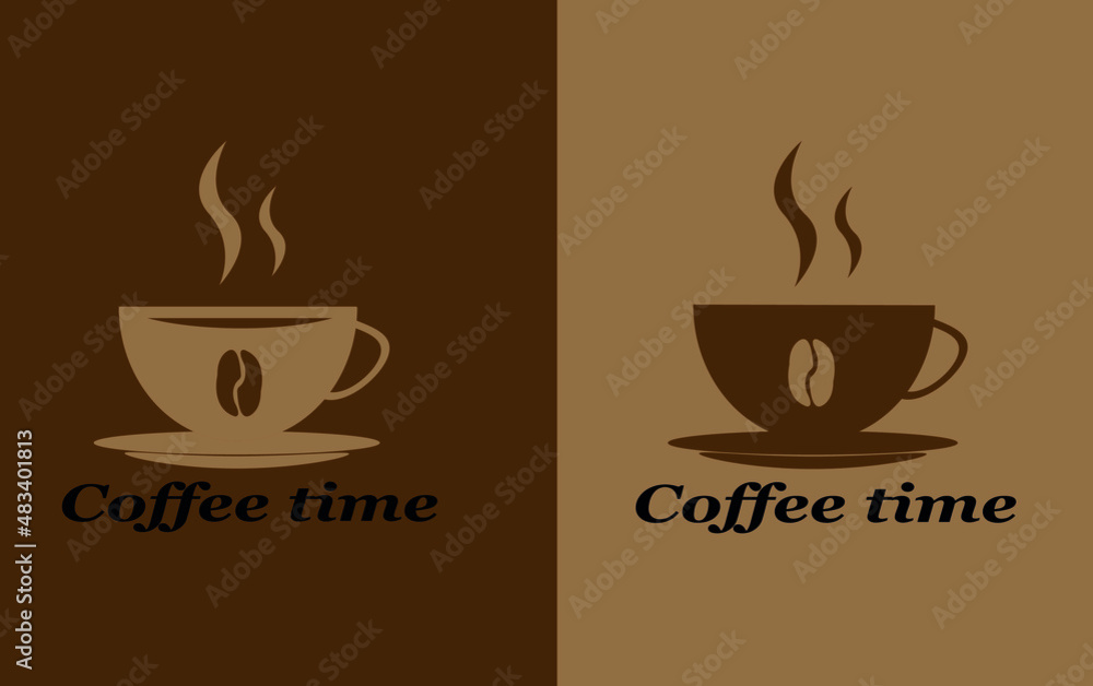 Classic silhouette a cup of coffee with saucer and coffee beans on a dark burgundy background. Classic silhouette a cup of coffee with saucer and coffee beans on a dark burgundy background.
