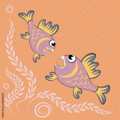 predatory evil piranha fish. Fabulous underwater world. Styling, cartoon style
