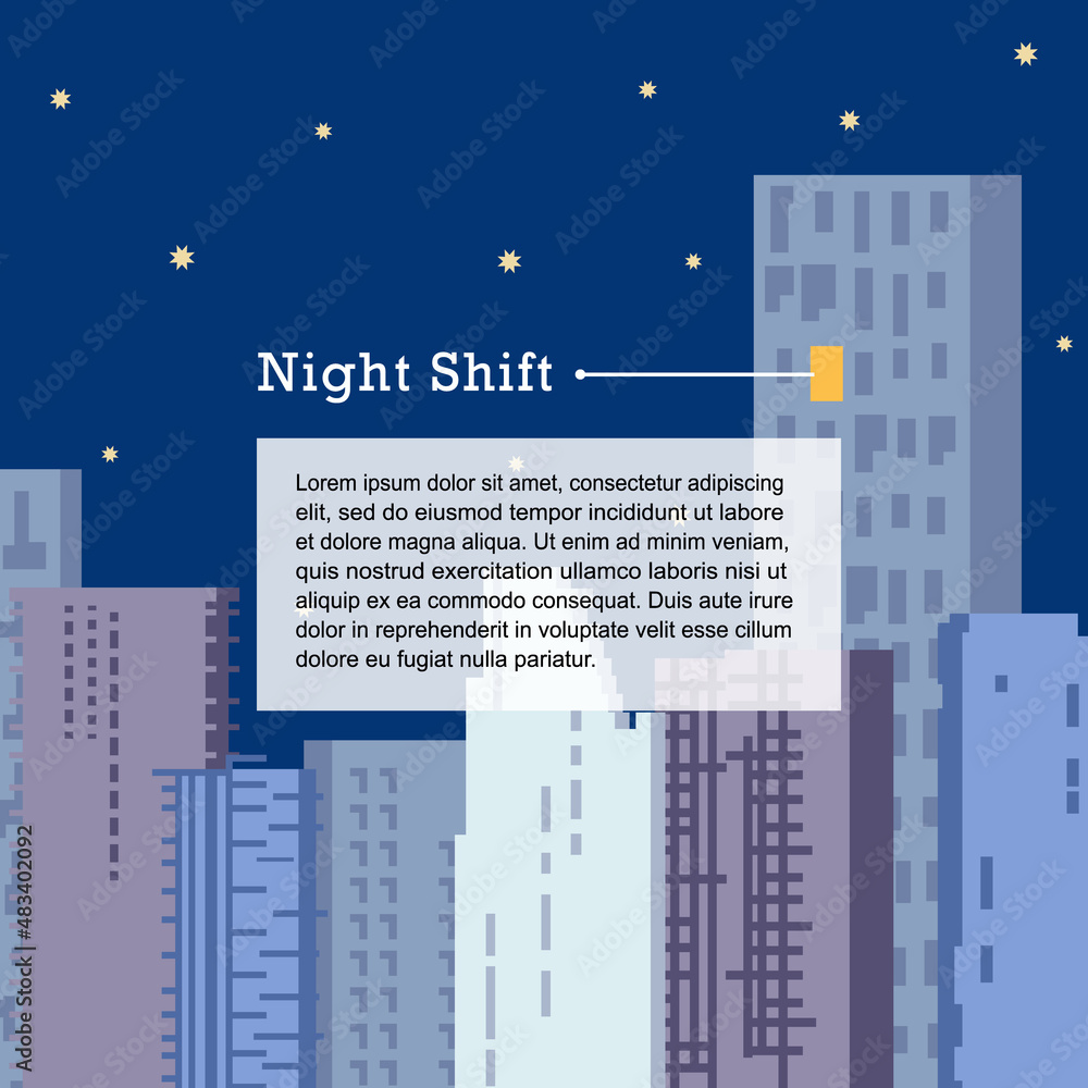 Banner announcement with night shift(work at the night time) concept. Building night time background 2.5D flat style.