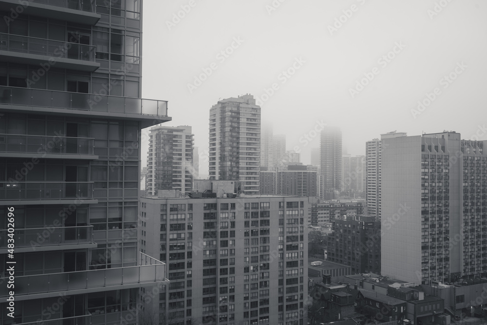 Black and White Monochromatic Image of Urban Downtown Buildings in a Modern City Core in a Residential District
