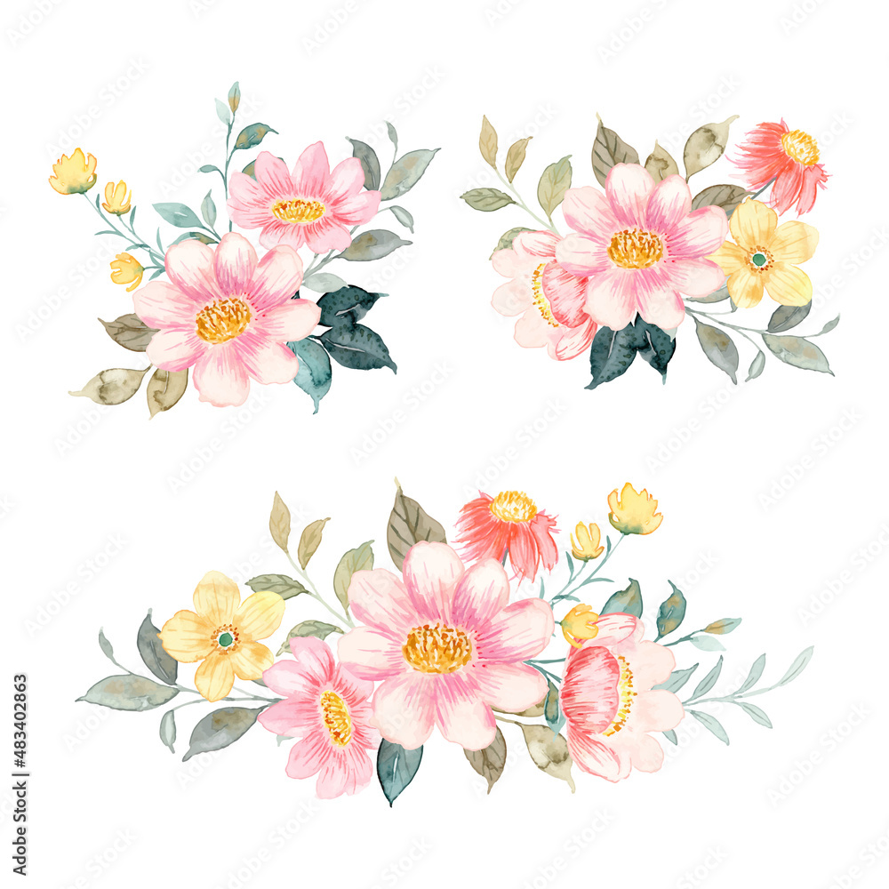 Yellow pink floral bouquet collection with watercolor