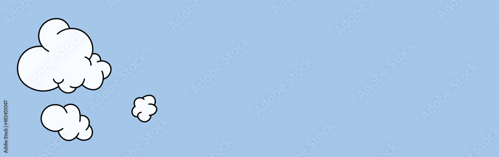 Three cartoon clouds of different shapes isolated on blue background vector clip art horizontal banner with text area. Hand drawned white clouds. 